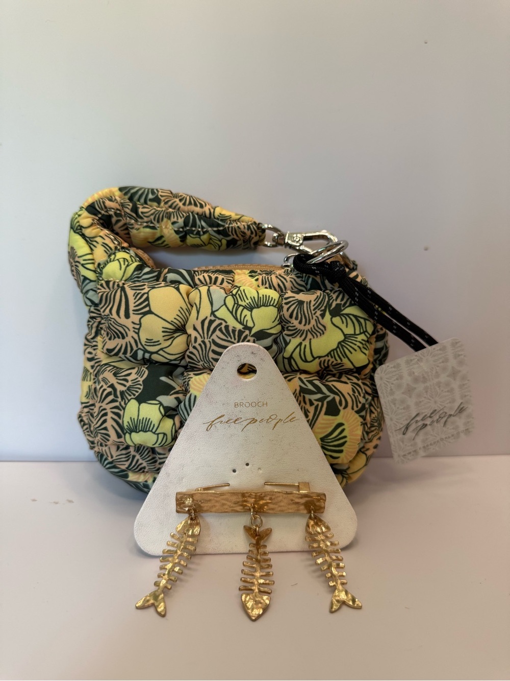 NWT Free People Printed Micro Pouch bag Dense Floral & Free People fish brooch